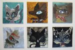 ambiguous_gender black_body black_fur blue_eyes blue_sclera brown_body brown_fur feral fur grey_body grey_fur group kerchief neckerchief neckwear smile naircat canid canine canis domestic_cat domestic_dog felid feline felis mammal 2013 acrylic_painting_(artwork) painting_(artwork) portrait traditional_painting_(artwork)