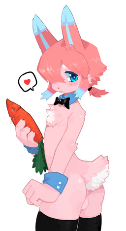 accessory anthro backsack balls bangs blue_eyes bow_tie bubble_butt butt carrot clothing collar cuffs_(clothing) food fur genitals hair hair_accessory hair_between_eyes hair_over_eye hairband heart_symbol kemono leggings legwear male mostly_nude pink_body pink_fur plant pointy_ears scut_tail short_tail solo tail vegetable white_body white_fur young young_anthro young_male infekah lagomorph leporid mammal rabbit absurd_res hi_res