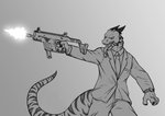 anthro black_tie_(suit) clock clothed clothing formal gun horn kriss_vector long_tail mafia male ranged_weapon solo submachine_gun suit tail tongue tongue_out watch weapon furcaster mythology andrei_(character) dragon mythological_creature mythological_scalie reptile scalie absurd_res hi_res monochrome