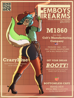american_flag anthro big_butt biped boots butt chaps clothing cowboy_hat femboy footwear glistening glistening_body gun handgun hat headgear headwear high_heeled_boots high_heels legwear looking_at_viewer male male_anthro peach_emoji qr_code raised_tail ranged_weapon revolver shoes smoking_gun solo spurs standing tail text thigh_highs united_states_of_america weapon marcus_gray femboys_and_firearms canid mammal 3:4 cover english_text hi_res magazine_cover