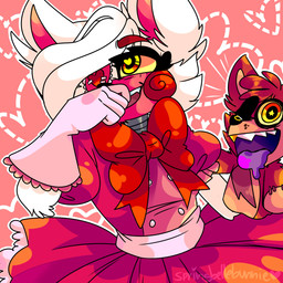 anthro bodily_fluids clothing dress drooling eye_patch eyewear fangs female fur gloves hair handwear heart_eyes heart_symbol inner_ear_fluff machine open_mouth pink_background pink_inner_ear puppet red_body red_cheeks red_fur red_hair ribbons saliva simple_background star_eyes teeth tuft white_body white_fur white_hair yellow_eyes yellow_sclera springbellebunnie five_nights_at_freddy's five_nights_at_freddy's_2 scottgames foxy_(fnaf) mangle_(fnaf) animatronic canid canine fox mammal robot 1:1 2019 hi_res signature