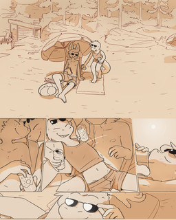 beach bottomwear clothing eyewear hotpants male male/male nipples outside parasol shorts sunglasses sunning conditional_dnp funkybun finn_(funkybun) nick_(funkybun) shade_(disambiguation) absurd_res comic hi_res
