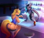 against_bar_counter against_counter against_furniture against_surface anthro arm_support bar bar_counter beverage billiard_table bottomless butt clothed clothing counter female furniture leaning leaning_forward leaning_on_counter looking_at_viewer looking_back small_waist table pacevanrign equid equine felid feline horse mammal