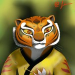 anthro asian_clothing chinese_clothing chinese_dress clothing dress east_asian_clothing female fur orange_body orange_fur red_eyes shirt solo staring_off striped_body striped_fur stripes topwear whiskers white_body white_fur yellow_clothing yellow_sclera yellow_shirt yellow_topwear lim_xue dreamworks kung_fu_panda master_tigress felid mammal pantherine tiger 1:1 hi_res