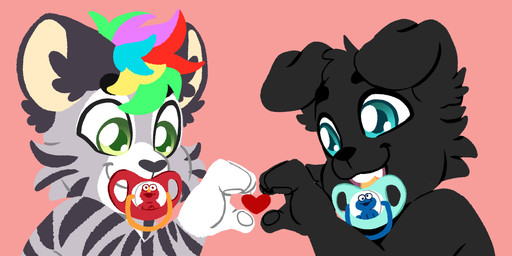 ambiguous/ambiguous ambiguous_gender anthro anthro_on_anthro baby_on_baby duo neonate pacifier young young_ambiguous young_anthro young_on_young wuta-tumaki canid canine canis domestic_dog felid mammal pantherine tiger 2:1 absurd_res hi_res