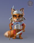 ancient ancient_rome angry anthro armor belt chibi clothing fluffy fluffy_tail fur headgear helmet inner_ear_fluff laminar_armor legionary legionnaire looking_at_viewer lorica_segmentata male melee_weapon military military_clothing military_uniform orange_body orange_eyes pilum polearm roman roman_empire shoulder_pads soldier solo spear spqr sword tail teeth tuft uniform warrior weapon vestina canid canine fox mammal hi_res