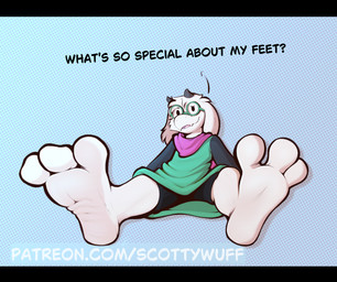 3_toes anthro barefoot black_bars dialogue feet floating_eyebrows foot_fetish foot_focus fur looking_at_viewer male soles solo talking_to_viewer text toes white_body white_fur wrinkled_feet wrinkles scottydoesstuff deltarune undertale_(series) ralsei english_text hi_res letterbox url