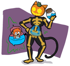 anthro duo female female_pred food fruit internal male male/female male_prey organs plant pumpkin stomach vore voregonzola epic_games fortnite gorg_(voregonzola) spice_(fortnite) canid canine domestic_cat felid feline felis fox mammal