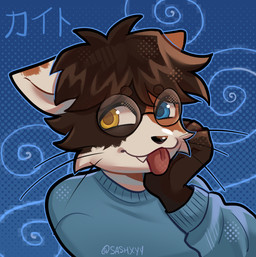 abstract_background anthro blep blue_background blue_clothing blue_shirt blue_topwear calico_pattern clothing eyewear glasses hand_on_face heterochromia kaitokoi male shirt simple_background solo text tongue tongue_out topwear wearing_glasses whiskers sashxyy aquatic fish mammal mustelid otter shark absurd_res hi_res japanese_text