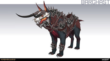 4_toes ambiguous_feral ambiguous_gender armor black_armor black_body black_claws black_fur black_teeth bone bone_mask brown_inner_ear_fluff chest_scar claws clothed clothed_ambiguous clothed_feral clothing company_name feet feral fur gradient_background greaves gums horned_mask inner_ear_fluff leg_markings light markings mask multicolored_body multicolored_fur no_pupils open_mouth orange_inner_ear orange_scar orange_tongue paws quadruped red_clothing red_gums red_markings red_topwear saddle scar sharp_teeth simple_background skull skull_mask solo standing teeth text three-quarter_view toe_claws toes tongue topwear tuft white_mask yellow_eyes nicholas_patrick_kelana highguard_(game) barghast_(highguard) canid canid_demon demon mammal 2026 absurd_res colored concept_art digital_drawing_(artwork) digital_media_(artwork) english_description english_text hi_res lighting official_art shaded url