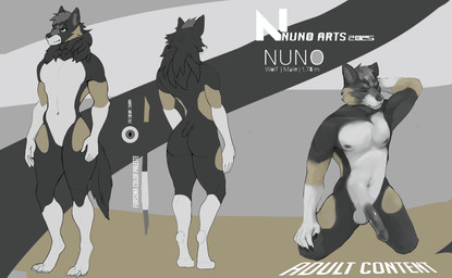anthro athletic balls black_nose dark_body dark_fur erection foreskin fur genitals hair kneeling male multiple_angles muscular nude nuno penis solo tail tan_body tan_fur white_body white_fur nuno_is nunomono nuno_timberwolf canid canine canis mammal wolf absurd_res digital_media_(artwork) hi_res model_sheet