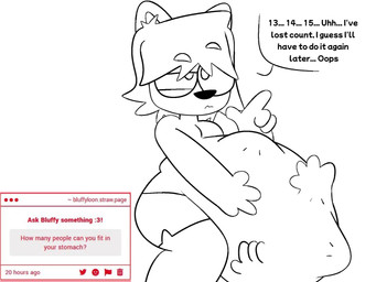 4_fingers abdominal_bulge anthro belly big_belly big_eyes bottomwear clothed clothing dialogue fingers hand_imprint imprint male medium_hair multiple_prey shorts solo_focus speech_bubble struggling struggling_prey talking_to_viewer text topless topless_anthro topless_male vore bluffyloon06 bluffy_(bluffyloon) 2026 4:3 digital_drawing_(artwork) digital_media_(artwork) english_text hi_res