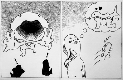 ambiguous_gender anthro blush exclamation_point fish_tail full_tour group heart_symbol running_away safe_vore speech_bubble thinking thought_bubble trio vore vore_implied willing_prey u4e aquatic carpet_shark fish shark whale_shark 2025 comic monochrome sketch