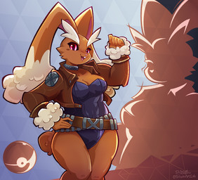 anthro belt breasts brown_body brown_fur clothing female fur jacket leotard red_eyes solo topwear stephsartlab marvel nintendo pokemon rogue_(marvel) generation_4_pokemon lopunny pokemon_(species) 2026 hi_res