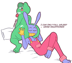 anthro bed bent_legs big_butt bow_tie butt butt_focus cheek_spots chest_tuft clothing crossed_legs dialogue duo eye_bags eyes_closed fur furniture green_body green_skin grin head_between_buttocks huge_butt leg_over_thigh looking_at_another looking_back looking_down looking_down_at_another lying lying_on_another lying_on_bed male male/male mostly_nude multicolored_body on_back on_bed overalls pillow purple_body purple_fur rear_view red_bow_tie simple_background smile text thick_thighs tuft two_tone_body unimpressed white_background kiskjeez glitch_productions the_amazing_digital_circus jax_(tadc) ribbit_(tadc) amphibian frog lagomorph leporid mammal rabbit 2025 english_text hi_res signature
