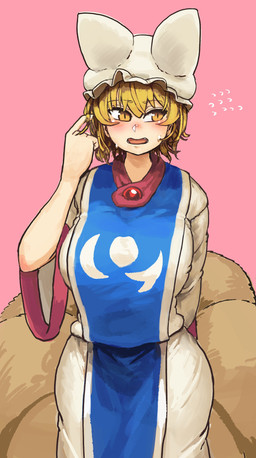 blonde_hair blue_clothing blue_tabard blush bodily_fluids bottomwear breasts clothed clothed_female clothed_humanoid clothing embarrassed female hair hat headgear headwear multi_tail open_mouth pink_background pupils shirt simple_background skirt slit_pupils solo sweat sweatdrop tabard tail topwear white_bottomwear white_clothing white_hat white_headwear white_shirt white_skirt white_topwear wide_sleeves yellow_eyes chanta touhou ran_yakumo animal_humanoid canid canid_humanoid canine canine_humanoid fox_humanoid humanoid mammal mammal_humanoid absurd_res hi_res