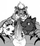 anthro balls bodily_fluids countershading erection fur genital_fluids genitals group group_sex humanoid_genitalia humanoid_penis licking male male/male penis precum sex simple_background threesome tongue tongue_out trio two_subs_one_dom vein veiny_penis white_background eurobeat nekojishi studio_klondike hao_(nekojishi) lin_hu xuan_(nekojishi) canid canine canis domestic_dog felid mammal pantherine tiger monochrome