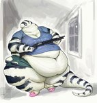 animal_slippers anthro belly belly_overhang big_belly bottomwear breasts cleavage clothed clothing female footwear gun hallway holding_object holding_weapon inside morbidly_obese morbidly_obese_anthro morbidly_obese_female obese obese_anthro obese_female overweight overweight_anthro overweight_female pants ranged_weapon shirt shoes shotgun slippers solo topwear torn_bottomwear torn_clothing torn_pants weapon window cettus maeve_gibson california_kingsnake colubrid kingsnake lampropeltini reptile scalie snake 2020 hi_res