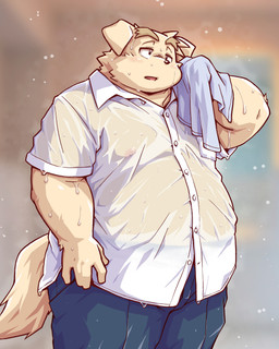 anthro belly big_belly bottomwear clothing kemono male overweight overweight_male pants shirt solo topwear towel wet takagi_kyou trouble_(series) namihira_kousuke canid canine canis domestic_dog mammal 2025 4:5 hi_res