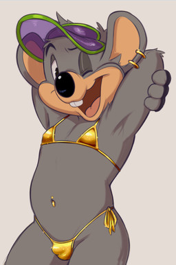 anthro barbell_piercing bikini bikini_bottom bikini_top bulge clothing ear_piercing ear_ring fur glistening_eyelids grey_body grey_fur hands_behind_head hat headgear headwear looking_at_viewer male mascot multicolored_body navel navel_piercing one_eye_closed open_mouth open_smile piercing ring_piercing simple_background smile smiling_at_viewer swimwear tan_body toony two-piece_swimsuit two_tone_body visor_cap wink winking_at_viewer dandi chuck_e._cheese's_pizzeria golden_week charles_entertainment_cheese mammal murid murine rat rodent 2026