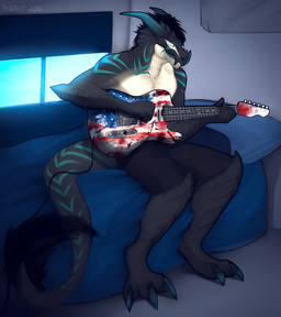 american_flag anthro bed biped electric_guitar eyes_closed furniture guitar horn inside male musical_instrument pillow playing_guitar playing_music plucked_string_instrument sitting smile solo string_instrument teeth united_states_of_america angiewolf shoxx dinosaur prehistoric_species reptile scalie digital_media_(artwork) shaded