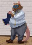 anthro belly brown_body brown_fur buckteeth claws clothed clothing fur holding_clothing holding_object male mask overweight overweight_anthro overweight_male scissors solo standing tailor tape_measure teeth chubby-shark mammal murid murine rat rodent