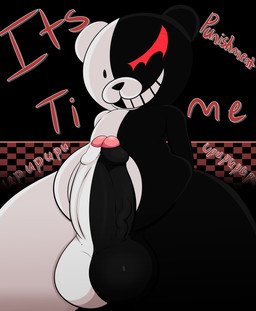 anthro balls big_balls big_penis black_background black_balls black_body black_fur black_nose checkered checkered_background dialogue dot_eyes erection foreskin fur genitals grin humanoid_genitalia humanoid_penis looking_at_viewer male no_pupils onomatopoeia pattern_background penis presenting presenting_penis red_eyes simple_background simple_eyes smile solo sound_effects split_color striped_body striped_fur striped_genitalia striped_penis stripes text thick_thighs vein veiny_penis white_body white_fur white_penis not_safe_for_reality danganronpa spike_chunsoft monokuma bear mammal 2020 absurd_res english_text hi_res