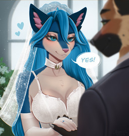 anthro armwear black_nose blue_body blue_fur blue_hair breasts bride brown_body brown_fur clothed clothed_anthro clothed_female clothed_male clothing dialogue digit_ring dress duo elbow_gloves female finger_ring fur gloves grey_nose groom hair hand_holding handwear jewelry male male/female multicolored_body multicolored_fur ring speech_bubble suit text two_tone_body two_tone_fur wedding wedding_dress wedding_ring white_body white_fur berry_tail happysheppy raakou_(happysheppy) canid canine canis domestic_dog german_shepherd herding_dog mammal pastoral_dog english_text hi_res