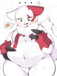 anthro biped blush bodily_fluids chubby_cheeks fur male navel overweight overweight_male red_body red_fur simple_background slightly_chubby solo spiral_eyes sweat thought_bubble white_background white_body white_fur rokacake nintendo pokemon generation_3_pokemon pokemon_(species) zangoose