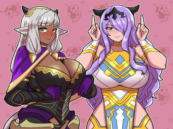 alternate_costume armor big_breasts blush bodice breasts cleavage cloak clothed clothing clothing_swap corset crown dark_body dark_skin devil_horns_(gesture) dress duo female gesture gloves green_eyes hair hair_over_eye hand_gesture handwear headgear horn huge_breasts legwear light_body light_skin lingerie long_hair panties pattern_background pointy_ears purple_eyes purple_hair simple_background smile stockings tiara topwear underwear white_hair mnejing fire_emblem fire_emblem_fates fire_emblem_heroes nintendo ash_(fire_emblem) camilla_(fire_emblem) animal_humanoid bovid bovid_humanoid bovine bovine_humanoid cattle_humanoid horned_humanoid humanoid mammal mammal_humanoid 4:3