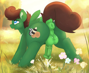 animal_genitalia animal_penis anus aroused balls blue_eyes bodily_fluids brown_hair brown_mane brown_tail butt cutie_mark equine_anus equine_genitalia equine_penis erection feral flower fluffy fluffy_chest fur genital_fluids genitals grass green_anus green_balls green_body green_fur green_penis hair hooves male male_feral mane nature nature_background outside peegasm peeing peeing_on_ground peeing_while_erect penis plant puffy_anus raccoon_tail raised_tail relieved skunk_tail solo spread_legs spreading squirrel_tail story_included tail tail_anus tree tree_trunk urine urine_on_ground urine_on_leg urine_on_own_legs urine_on_self urine_pool urine_pooling urine_splash urine_splatter urine_stream watering watering_flower watering_plants watersports wings not_texmex hasbro my_little_pony mythology fan_character pine_thunderoak equid equine horse mammal mythological_creature mythological_equine pegasus pony colored digital_media_(artwork) hi_res story story_in_description