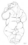 anthro anus balls belly big_balls butt finger_to_mouth genitals hair kneeling looking_at_viewer looking_back looking_back_at_viewer male mane mane_hair pawpads paws rear_view slightly_chubby slightly_chubby_anthro slightly_chubby_male solo raivenderouthelion kuruk_(character) bear brown_bear grizzly_bear mammal ursine absurd_res hi_res monochrome