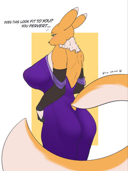 anthro big_breasts big_butt big_nipples breasts butt clothing dress female fluffy huge_breasts huge_butt huge_nipples nipples solo tail text thick_thighs zincx bandai_namco digimon digimon_(species) renamon 3:4 english_text hi_res