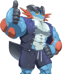 abs anthro barazoku big_muscles big_pecs blue_body bottomwear clothed clothing erect_nipples fin gesture hand_gesture hand_on_hip looking_at_viewer male muscular muscular_anthro muscular_male navel nipple_dip nipples open_clothing open_jacket_vest open_topwear open_vest pecs simple_background solo swimming_trunks swimwear tail tail_fin thumbs_up topwear vest white_background yellow_sclera maldu nintendo pokemon generation_3_pokemon pokemon_(species) swampert absurd_res hi_res