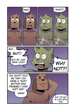 anthro armpit_hair blep blush bodily_fluids body_hair brown_body brown_fur cum cum_on_chest dialogue duo eyes_closed front_view fur genital_fluids green_body green_fur hand_behind_head heartbroken long_ears male male/male nipples rejection shocked six_frame_image speech_bubble sweat text tongue tongue_out whiskers wide_eyed t0l0k roy_(t0l0k) ted_(t0l0k) canid canine canis domestic_cat domestic_dog felid feline felis mammal comic english_text hi_res multiple_scenes