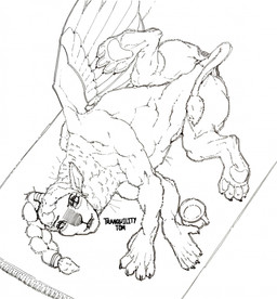 ambiguous_gender braided_hair feathered_wings feathers feral hair humanoid_face looking_at_viewer lying on_side pawpads paws solo solo_focus spread_legs spreading tail wings tranquility_tom mythology felid mammal mythological_creature mythological_sphinx 2026 black_and_white hi_res line_art monochrome traditional_media_(artwork)