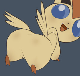 2_toes ambiguous_gender big_ears black_nose blue_eyes blue_sclera butt butt_focus butt_wings chibi cute_fangs fangs featureless_crotch feet fur looking_back lying open_mouth open_smile presenting presenting_hindquarters simple_background smile solo teeth toes tongue unusual_wing_placement wings inkune nintendo pokemon generation_5_pokemon legendary_pokemon mammal pokemon_(species) victini 2020 digital_media_(artwork)