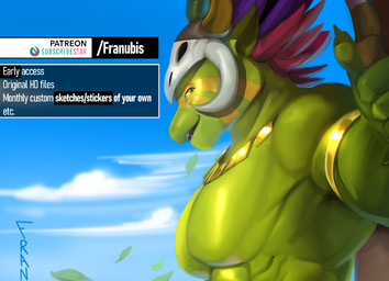 anthro armlet barazoku blue_sky green_body looking_at_viewer magic_user male muscular muscular_anthro muscular_male pecs serratus sky solo text tribal_spellcaster witch_doctor franubis terraria shimmered_witch_doctor witch_doctor_(terraria) lihzahrd lizard reptile scalie english_text hi_res