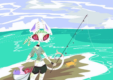 anthro bottomwear bucket clothing container day detailed_background female fishing fur green_clothing green_shirt green_topwear island sea shirt shorts sky smile solo topwear water white_body white_fur naircat ambient_arthropod ambient_crab ambient_crustacean ambient_sealife domestic_cat felid feline felis mammal 2017 digital_drawing_(artwork) digital_media_(artwork) microsoft_paint_(artwork)
