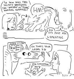 ambiguous_gender anthro dialogue directional_arrow feral furry_logic gesture group hand_gesture id_card markings mole_(marking) pointing question speech_bubble stretching text trio yelling rexalogy mimi_mitzy domestic_cat felid feline felis human mammal comic english_text monochrome