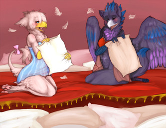 accessory anthro beak bed blush bottomless bow_(feature) bow_accessory bow_ribbon bra clothed clothing duo feathered_wings feathers female furgonomics furniture one_eye_closed pillow pillow_fight ribbons tail tail_accessory tail_bow tail_ribbon underwear wings hoot_(artist) mythology hoot_(character) avian gryphon mythological_avian mythological_creature 2011
