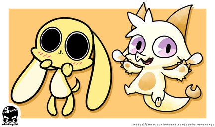 ambiguous_gender anthro big_eyes duo male orange_background simple_background text adrielle-akuryo chikn_nuggit mythology chikn_nuggit_(chikn_nuggit) fwench_fwy_(chikn_nuggit) canid canine canis domestic_dog dragon mammal mythological_creature mythological_scalie scalie hi_res tagme url nonbinary_(lore)