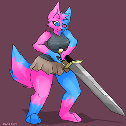 anthro armor blue_body blue_eyes blue_fur bottomwear clothed clothing female fur melee_weapon multicolored_body multicolored_eyes multicolored_fur multicolored_tail paws pink_body pink_eyes pink_fur skirt solo sword tail weapon acacia_dune canid canine fennec_fox fox mammal true_fox 1:1 hi_res