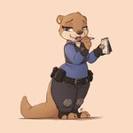 anthro blue_eyes brown_body brown_fur clothing fur head_tuft holding_object light notebook police police_uniform smile solo standing tail tuft uniform louart disney zootopia mammal mustelid otter 1:1 2022 absurd_res digital_media_(artwork) hi_res lighting shaded