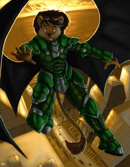anthro armor back_wings building city cityscape eyewear eyewear_on_head flying goggles goggles_on_head green_armor looking_at_viewer male skyscraper solo sunset wings 7theaven casandro felid lion mammal pantherine