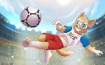 3_toes abs anthro athletic athletic_anthro athletic_male ball barefoot bulge clothing feet male mascot pawpads shirt soccer soccer_ball soles solo sport stadium text text_on_clothing text_on_shirt text_on_topwear toes topwear sharparadise fifa zabivaka canid canine canis mammal wolf 16:10 digital_media_(artwork) hi_res shaded widescreen