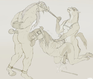 anal anal_penetration animal_genitalia animal_penis anthro anthro_on_anthro anthro_penetrated anthro_penetrating anthro_penetrating_anthro arms_tied athletic athletic_anthro athletic_male ball_lick balls bdsm blinders bodily_fluids bondage bound bridle cum cum_from_ass cum_in_ass cum_inside cum_on_arm cum_on_balls cum_on_chest cum_on_ground cum_while_penetrated cumshot ejaculation equine_genitalia equine_penis eyes_closed eyewear fur genital_fluids genitals group hooves internal internal_anal kneeling leaking_cum leash leash_pull licking male male/male male_anthro male_penetrated male_penetrating male_penetrating_male mane medial_ring nipples nude nude_anthro nude_male oral penetration penile penile_penetration penis penis_in_ass restraints sex simple_background spreader_bar standing striped_body striped_fur stripes tail tongue trio dustybeau_(artist) bucephalus dalarius_frin mitch_(mitchhorse) equid equine horse mammal monochrome sepia