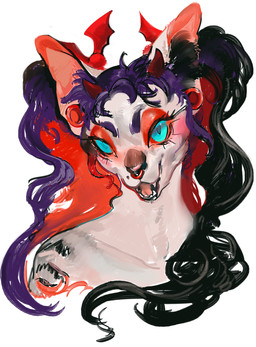 accessory ambiguous_gender anthro black_hair blue_eyes ear_piercing eyelashes facial_piercing fur gauged_ear hair hair_accessory looking_at_viewer nose_piercing open_mouth piercing pigtails purple_hair red_sclera septum_piercing simple_background white_background mighty-whydah domestic_cat felid feline felis mammal 2019 digital_drawing_(artwork) digital_media_(artwork) portrait