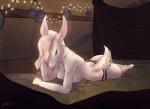 albino anthro breasts clothed clothing detailed_background featureless_breasts female fur hair lying panties red_eyes solo topless underwear white_body white_fur white_hair velannal anna_(velannal) deer mammal 2017