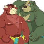 anthro bulge clothing duo green_body humanoid_hands kemono male moobs musclegut muscular nipples overweight overweight_male red_body underwear raichoclub bear bovid bovine cattle mammal 1:1 2021 hi_res